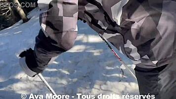 ava moore gets surprised by skiers while fingering her ass on the train