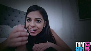 Petite latina teen 18+ gives sloppy blowjob to big cock in pov
