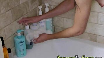 teen stepsis face spunked in shower