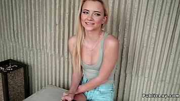 Petite spinner fucks huge dick in public