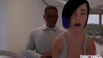 Sexy trans freak takes dilf's big black cock all over house