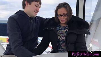 Hot brunette teen gives public blowjob to stranger and swallows cum at resort