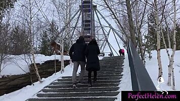 Hot brunette teen gives public blowjob to stranger and swallows cum at resort