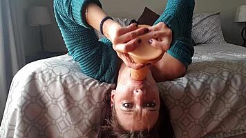 Upside down dildo gag deepthroat