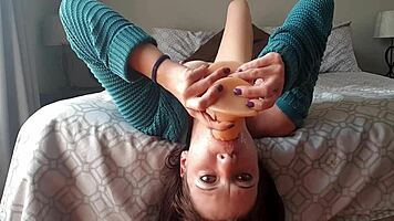 Upside down dildo gag deepthroat