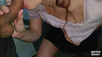 teen swallows cum in mouth on building stairs pov