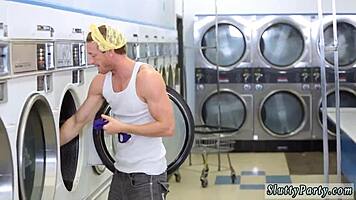 Teen nerd gets blowjob and handjob at party laundry day foursome