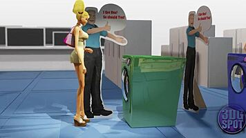 Two busty lesbians exploring double dildo in a public store.