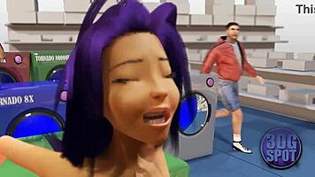 Two busty lesbians exploring double dildo in a public store.