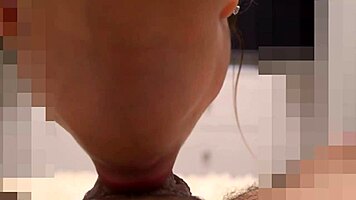 cream in mouth as she licks cock and notices