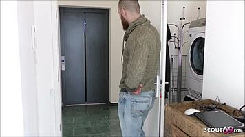 Young German college student in leggings sucks two huge cocks.