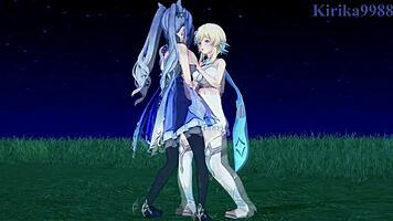 lumine, keqing, mona in intense lesbian futanari sex?