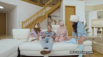 Why do three horny girlfriends crave big dick pounding at the party?