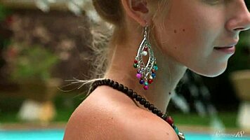 sexy blue-eyed blonde teen 18+ strips naked by the pool for full erotic video