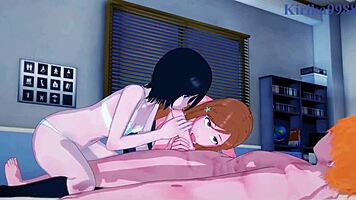 Rukia, Orihime, Yoruichi, and Ichigo in Wild 3P Sex - Bleach Hentai Action!
