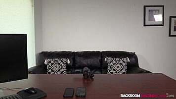 In the backroom, I interviewed petite blonde Peyton, then toyed her in doggystyle for a creampie.