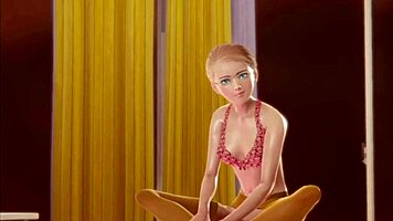 Teen in stockings enjoys solo moments in 3d animation.