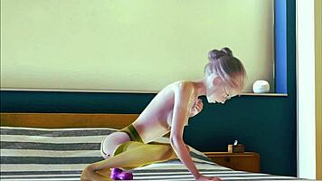 Teen in stockings enjoys solo moments in 3d animation.