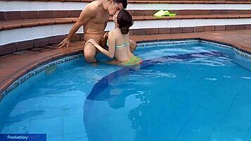yo, innocent chica gets wild at the pool with stepbro, sucking and banging hard!