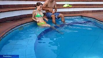 yo, innocent chica gets wild at the pool with stepbro, sucking and banging hard!