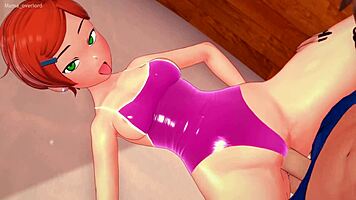 Is Gwen stripping her wet bikini to fuck in hentai?