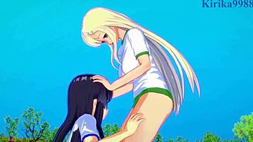 yo, yomi and ikaruga get intense with lesbian play in hentai