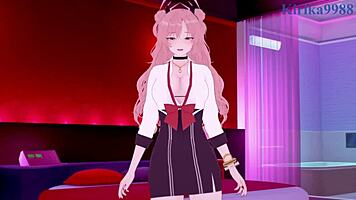 Yozakura Kirara and Kuromi Serika engage in intense hentai sex with creampie action in a 3D anime world