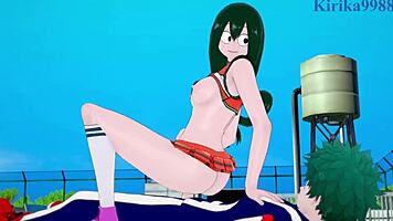 tsuyu asui, kyoka jiro, and izuku midoriya in wild hentai sex - my hero academia