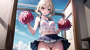 Hot anime cheerleader motivates you with transparent cloth and pussy masturbation