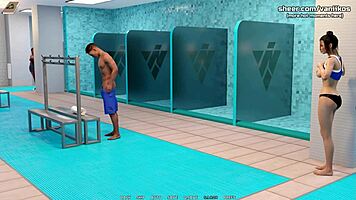 Busty babe handjob and titjob in public shower?