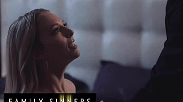 Step dad passionately cheats with petite step daughter, cumming on her ass