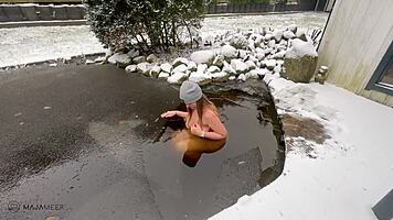 curvy maja with big natural tits heats up after ice bath, her chubby body glistening