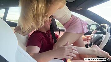 hot molly little, just eighteen, riding hard in a tesla while driving