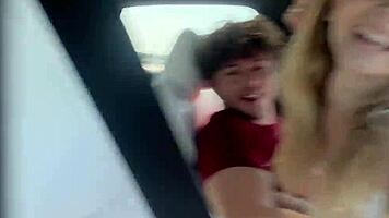 hot molly little, just eighteen, riding hard in a tesla while driving