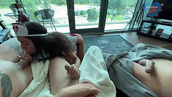 Slutty nurse craves gangbang and cumshots at party.