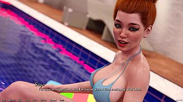 Busty redhead girlfriend lounges in her sexy blue bikini, teasing with her ample boobs and cute outfit.