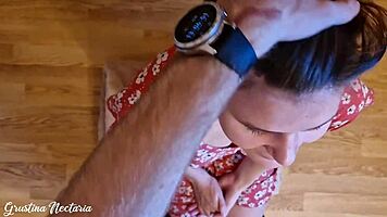 Russian gf sucks monster cock in pov with tanned skinny body and long hair