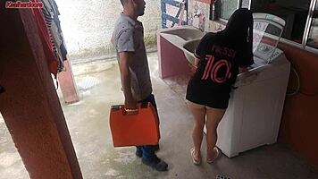 Married housewife pays washing machine technician with her ass while husband is away
