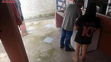 Married housewife pays washing machine technician with her ass while husband is away