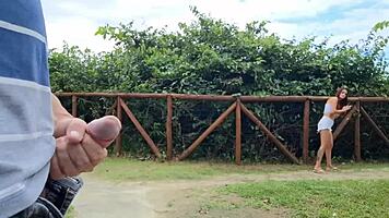 risky handjob on the street, redhead teen catches me masturbating 😏