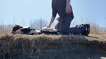 step daughter learning to fish in forest with moans