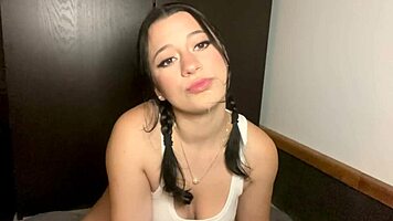 Hot Brunette in Mini Shorts Sucks and Rides Dildo with Passion