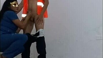 Hospital cleaner seduces nurse, puts on condom, and fucks her like a slut standing in office hallways.