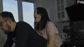 I roughly fuck the neighbor with strapon on desk