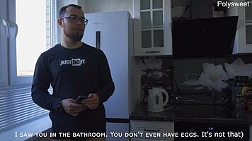 I roughly fuck the neighbor with strapon on desk