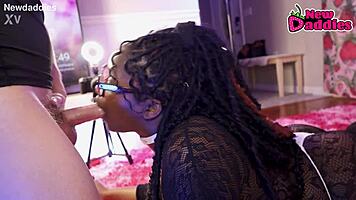 Black twenty-eight year old ebony whore inhales white daddy's cock passionately