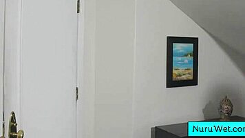 curly brunette teen rubs wet pussy on client during nuru massage