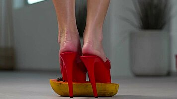 Petite Brunette Smashes Fruit with Sexy High Heels