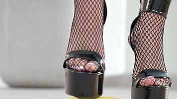 Petite Brunette Smashes Fruit with Sexy High Heels