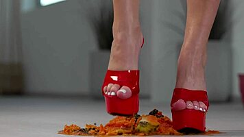 Petite Brunette Smashes Fruit with Sexy High Heels